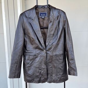 Chocolate Brown Leather Blazer by Denim & Co. | Medium | Timeless Sophistication